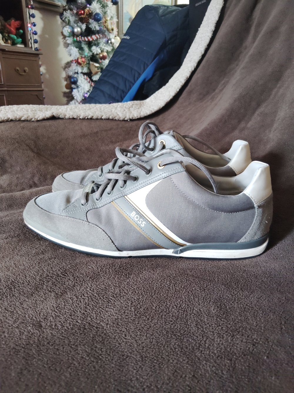 BOSS Gray and White Men's Low-Top Sneakers with Gold Trim